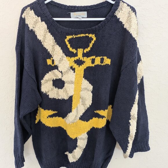 Vintage Aquascutum Knit Sweater Anchor Sailboat Nautical Size M Cotton - Picture 2 of 6